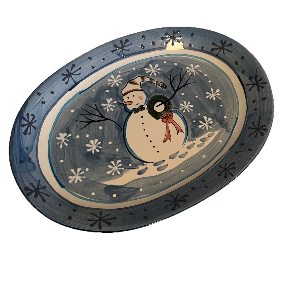 Pacific Rim Snowman Serving Platter Hand-Painted Wintertime Holiday Dish‎ Decor